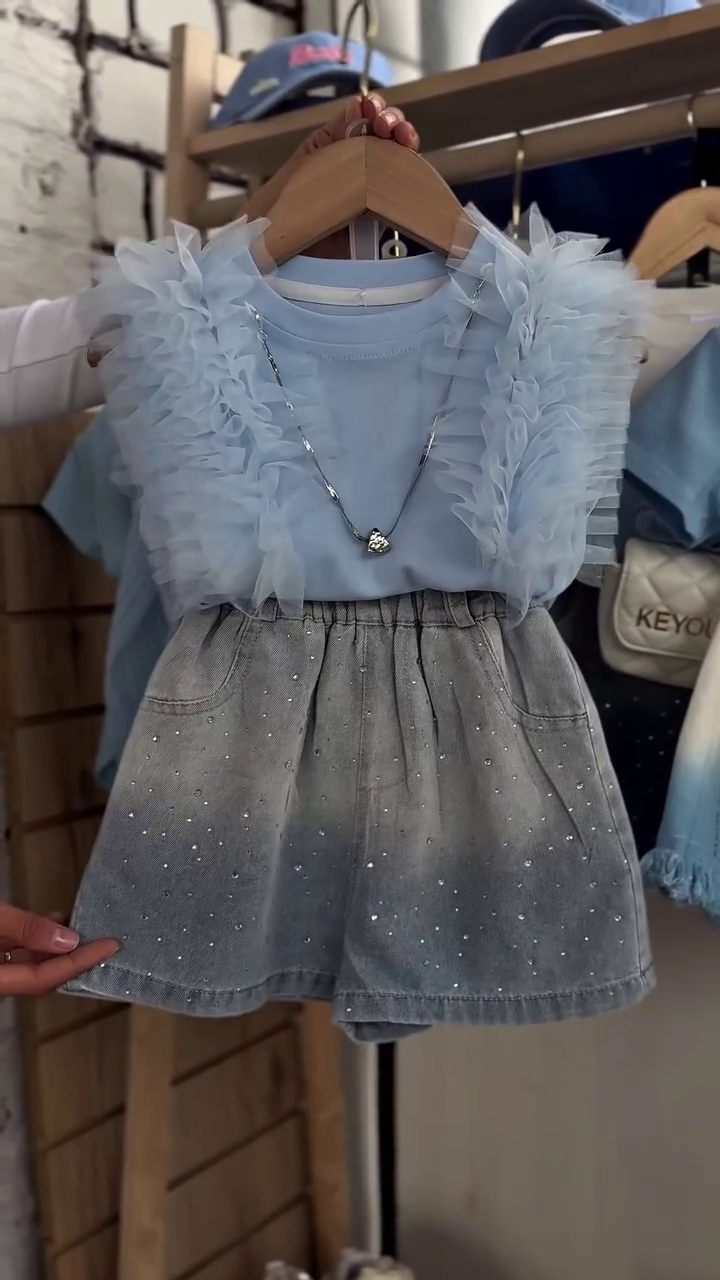 Adorable Sky Blue Ombre Sparkle Kids Two-Piece Outfit with Matching Bow Crossbody Mini Bag 🎀💙✨👧