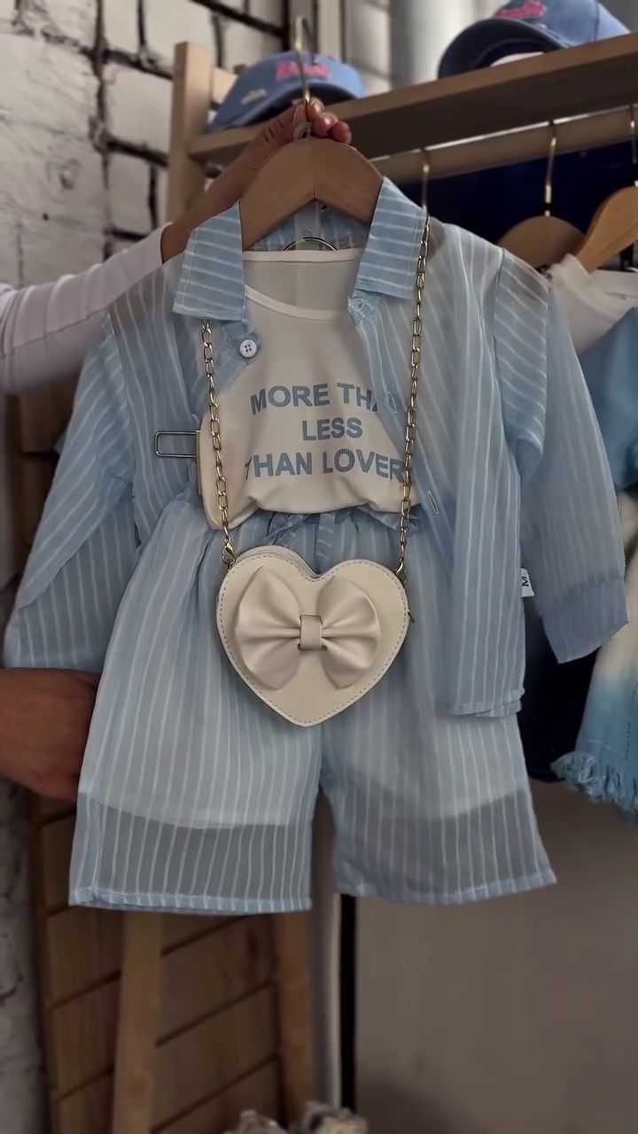 Adorable Sky Blue Ombre Sparkle Kids Two-Piece Outfit with Matching Bow Crossbody Mini Bag 🎀💙✨👧