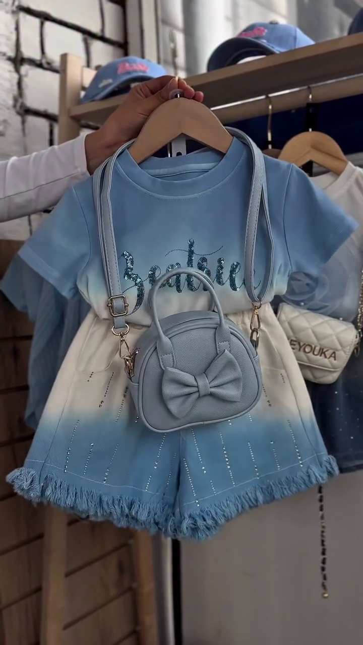 Adorable Sky Blue Ombre Sparkle Kids Two-Piece Outfit with Matching Bow Crossbody Mini Bag 🎀💙✨👧