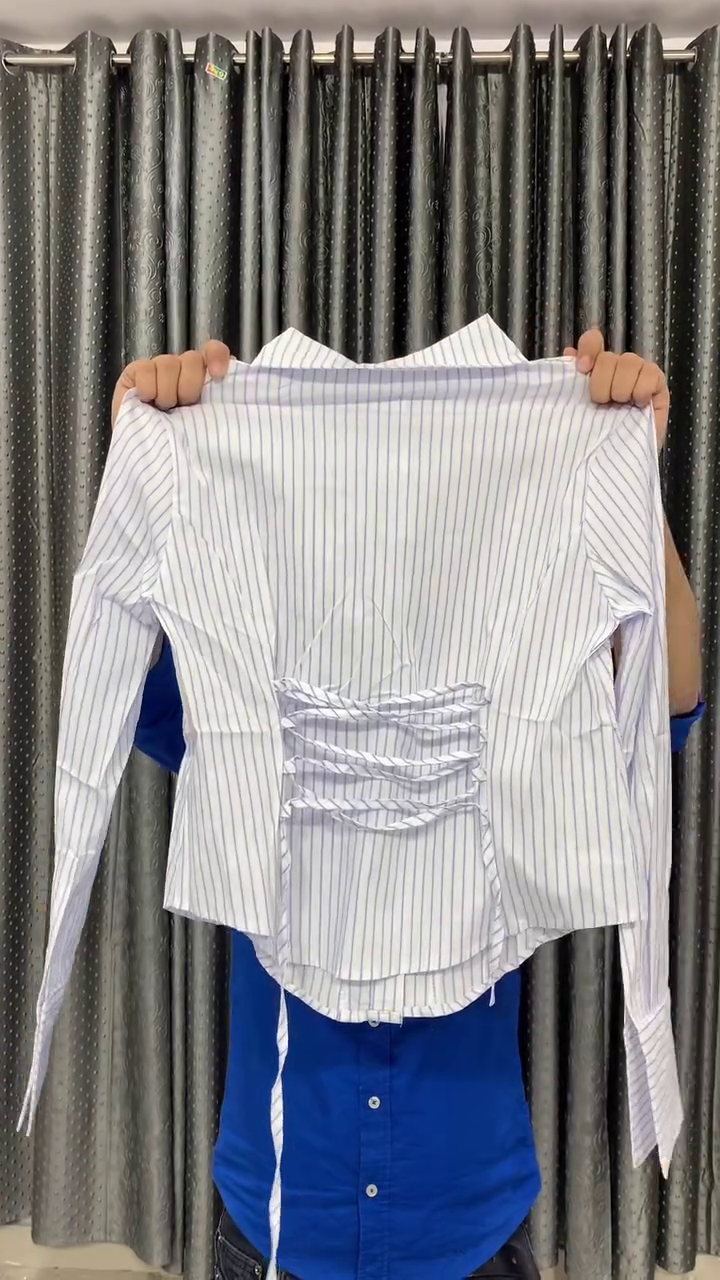 Premium Sky Blue Vertical Stripe Cinched Waist Long Sleeve Tailored Fashion Shirt for Women 💙🤍✨👔