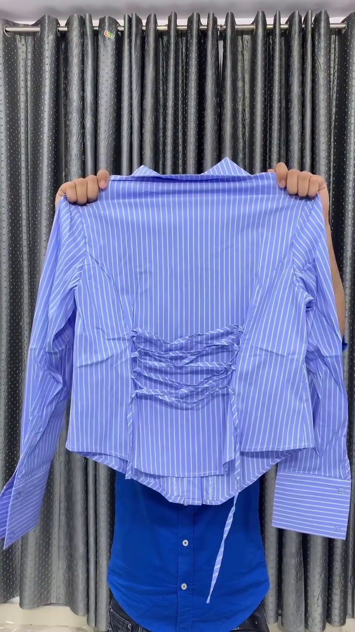 Premium Sky Blue Vertical Stripe Cinched Waist Long Sleeve Tailored Fashion Shirt for Women 💙🤍✨👔