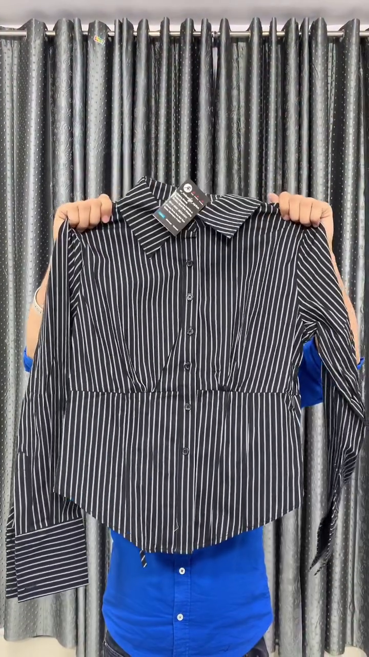 Premium Sky Blue Vertical Stripe Cinched Waist Long Sleeve Tailored Fashion Shirt for Women 💙🤍✨👔