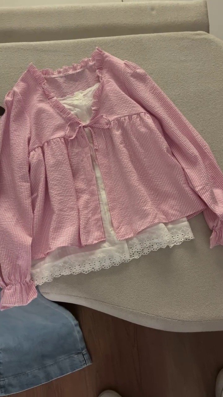 💖✨ Chic Pink Cottagecore Blouse & Denim Wide-Leg Jeans Outfit Set ✨💖