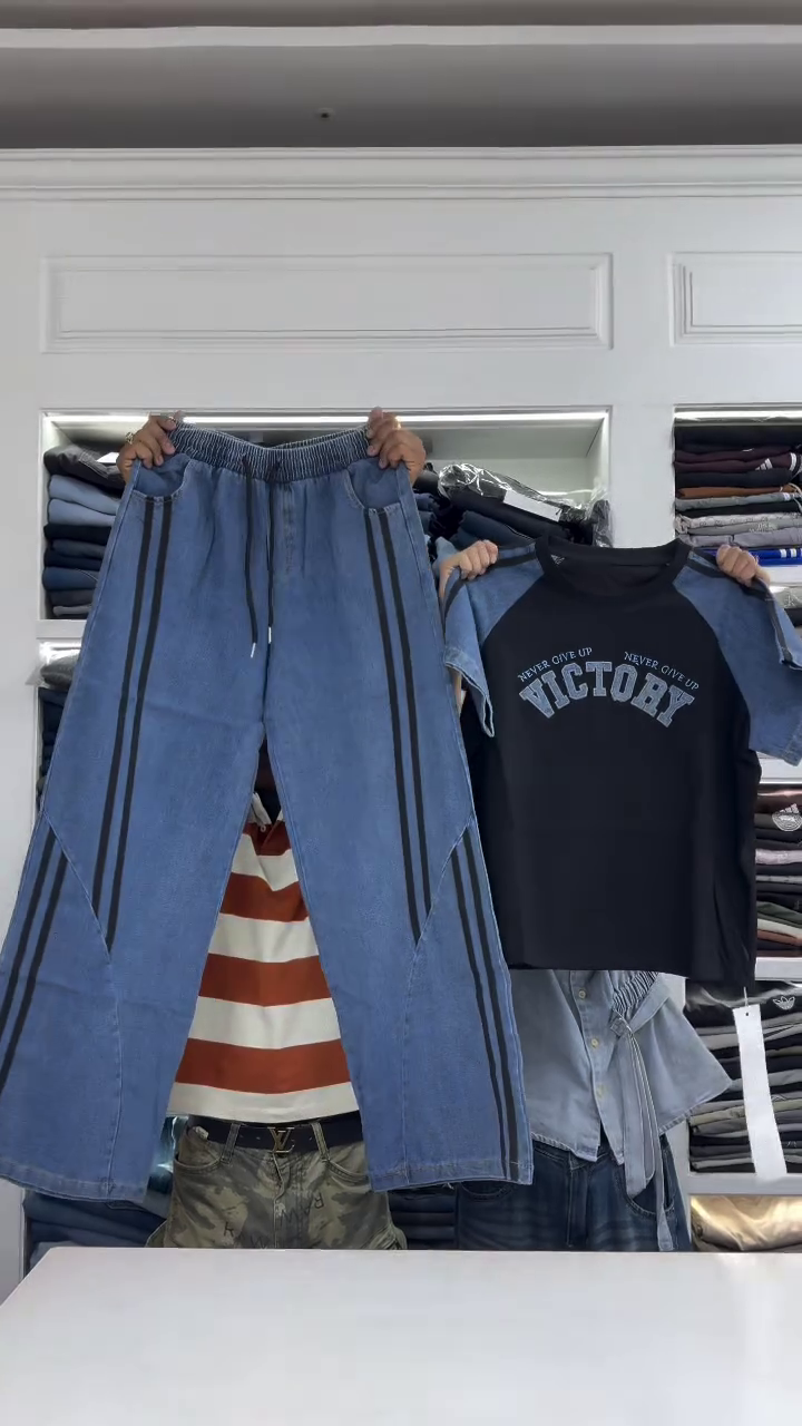 💙👖 Women's Denim Inspired Wide Leg Pants & Graphic Raglan Sleeve Casual Co-Ord Set | Trendy Street Style Outfit