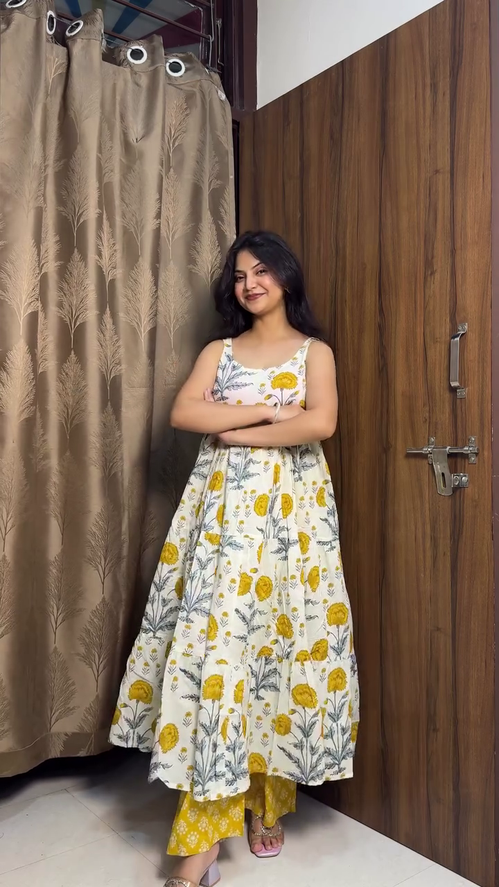 🌼✨ Premium Women's Floral Printed Sleeveless Anarkali Kurti with Matching Straight Palazzo Pants | Elegant Ethnic Casual & Festive Wear Set