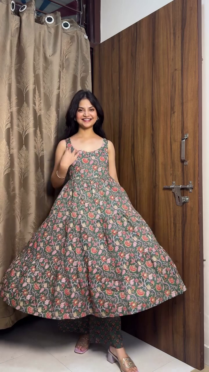 🌼✨ Premium Women's Floral Printed Sleeveless Anarkali Kurti with Matching Straight Palazzo Pants | Elegant Ethnic Casual & Festive Wear Set