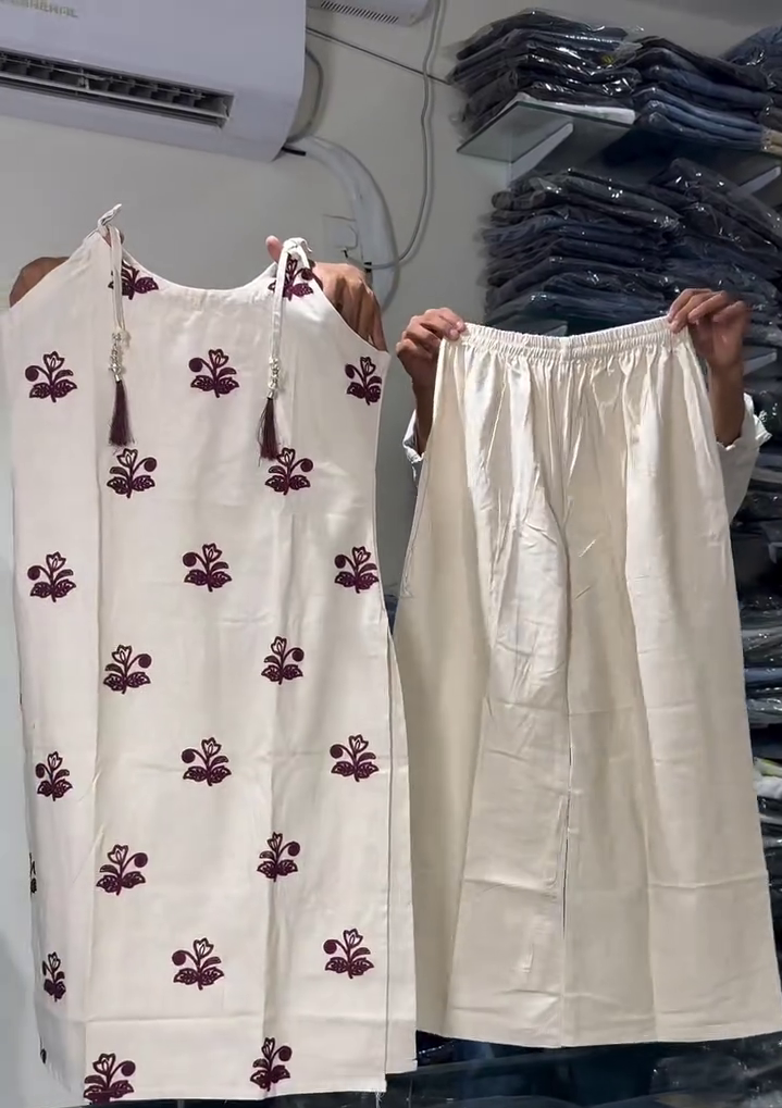 Premium Ivory Embroidered Straight Kurta & Relaxed Palazzo Co-Ord Ethnic Set 🤍🌸✨
