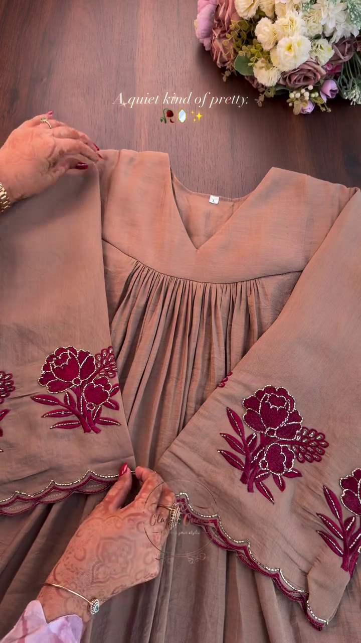 Elegant Beige Floral Embroidered Flared Designer Kurti Dress 🌹✨🤎