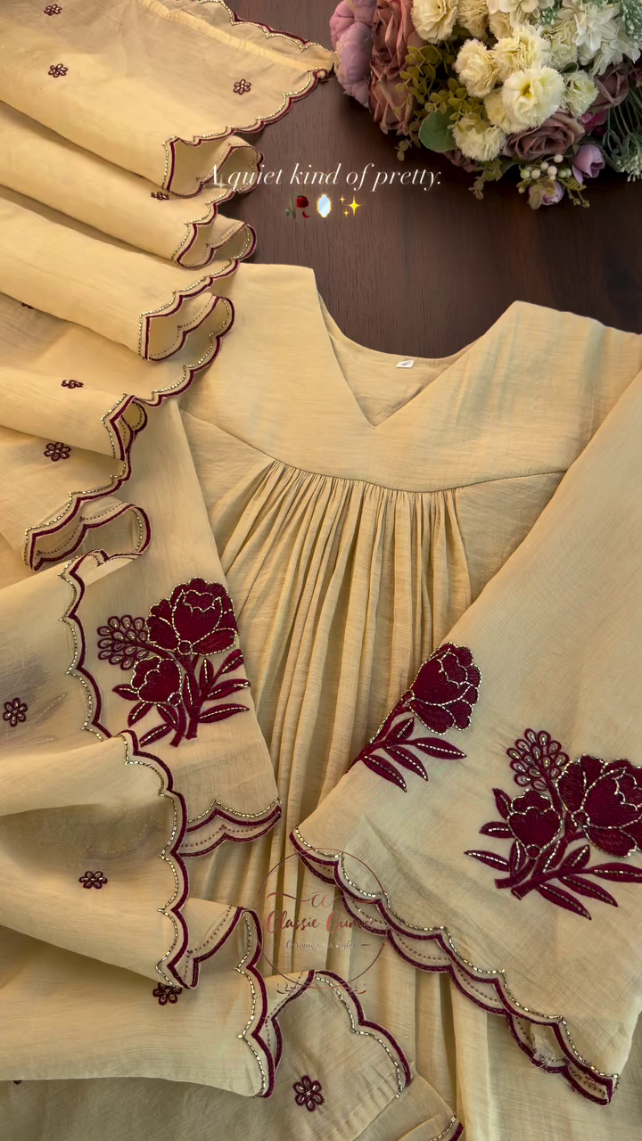 Elegant Beige Floral Embroidered Flared Designer Kurti Dress 🌹✨🤎