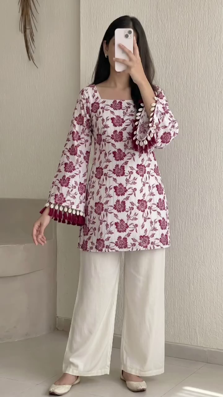 Soft Pink Sunburst Print Fringe Sleeve Contemporary Kurta with Wide Leg Pants Set 🌸☀️✨