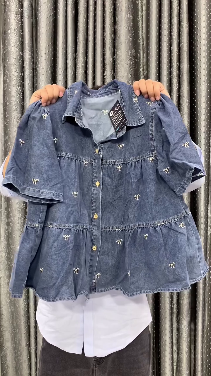 Elegant Light Wash Embroidered Denim Peplum Button Down Casual Shirt Top 💙✨🌸