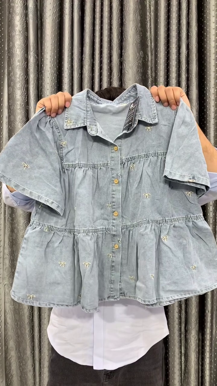 Elegant Light Wash Embroidered Denim Peplum Button Down Casual Shirt Top 💙✨🌸
