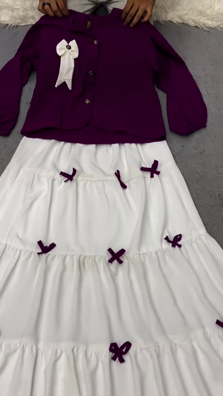 Charming Purple & White Layered Bow Detail Girls Party Wear Top and Tiered Maxi Skirt Set 🎀💜🤍✨