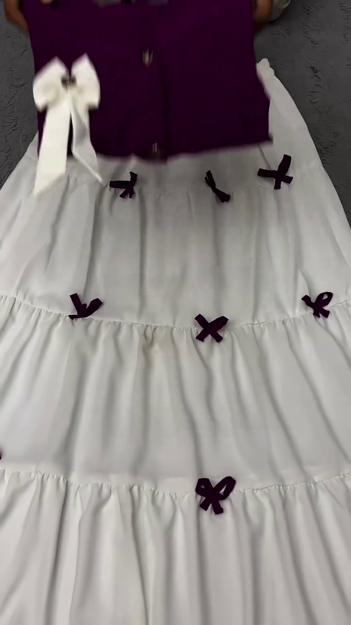 Charming Purple & White Layered Bow Detail Girls Party Wear Top and Tiered Maxi Skirt Set 🎀💜🤍✨