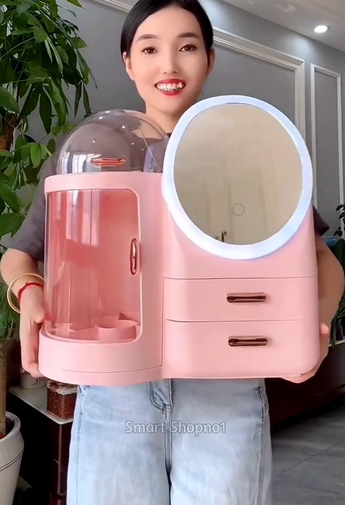🪞 Premium Luxury Pink Vanity Makeup Organizer with LED Mirror & Dustproof Cosmetic Storage Cabinet ✨🌸💄