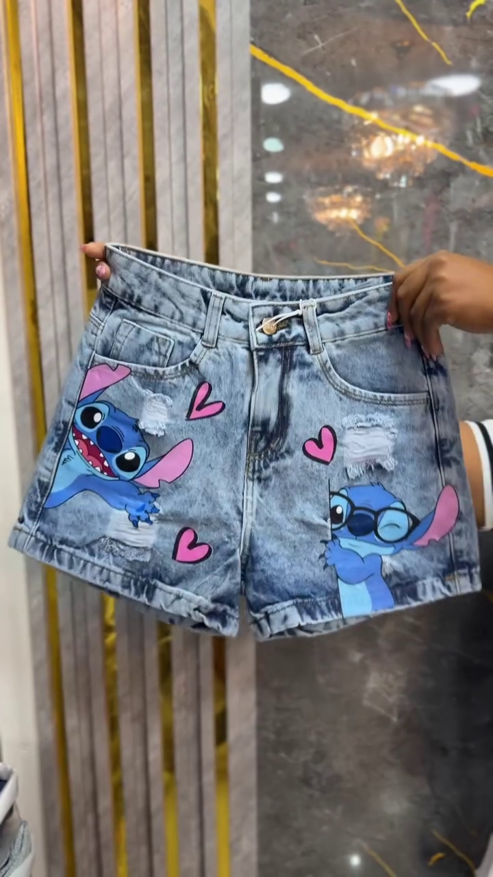 💙 Cute Cartoon Character Printed High-Waist Distressed Denim Shorts for Women & Girls – Trendy Casual Summer Fashion Shorts with Stylish Graphic Artwork and Comfortable Everyday Fit 💙