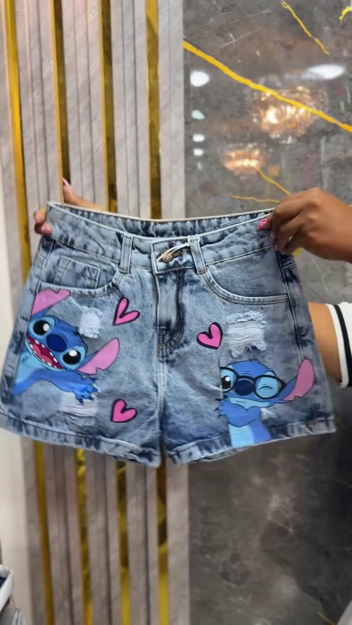💙 Cute Cartoon Character Printed High-Waist Distressed Denim Shorts for Women & Girls – Trendy Casual Summer Fashion Shorts with Stylish Graphic Artwork and Comfortable Everyday Fit 💙