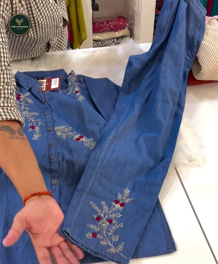 💙 Premium Floral Embroidered Denim Long Shirt Kurti for Women – Elegant Button-Down Casual Ethnic Fusion Wear with Delicate Thread Embroidery and Stylish Comfort Fit 💙