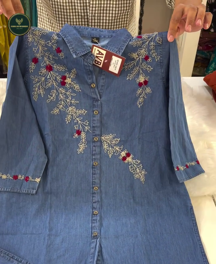 💙 Premium Floral Embroidered Denim Long Shirt Kurti for Women – Elegant Button-Down Casual Ethnic Fusion Wear with Delicate Thread Embroidery and Stylish Comfort Fit 💙