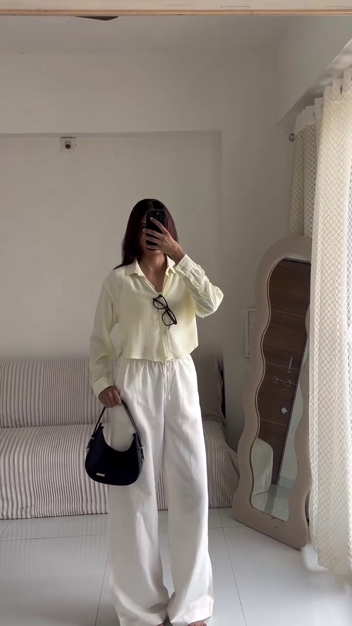 🤍 Elegant Women's Solid Relaxed Fit Shirt with Wide Leg Pants – Premium Casual Co-Ord Outfit 🤍
