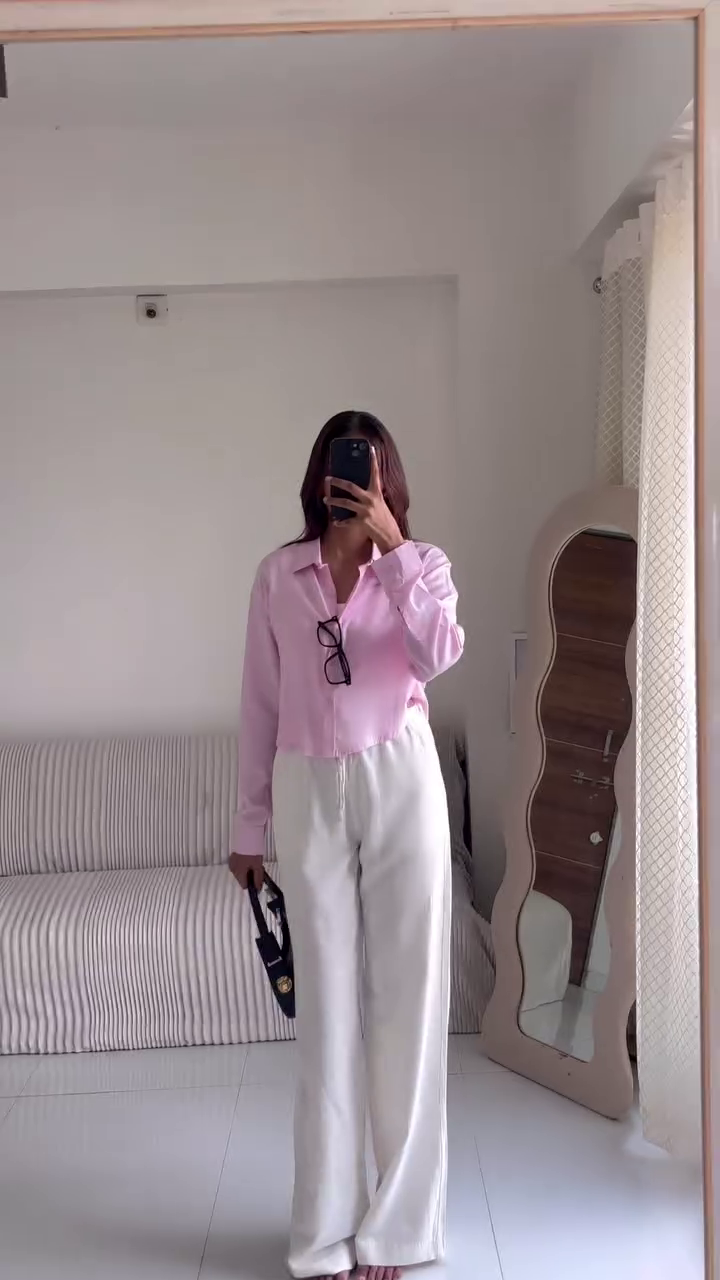 🤍 Elegant Women's Solid Relaxed Fit Shirt with Wide Leg Pants – Premium Casual Co-Ord Outfit 🤍