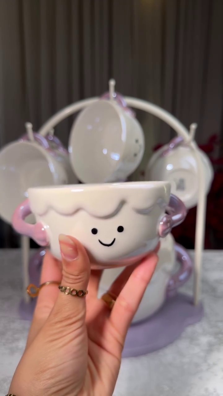 ☁️ Premium Cute Ceramic Soup Bowl & Hanging Mug Set with Stand | Decorative Kitchen Serving Set | Elegant Home & Dining Collection
