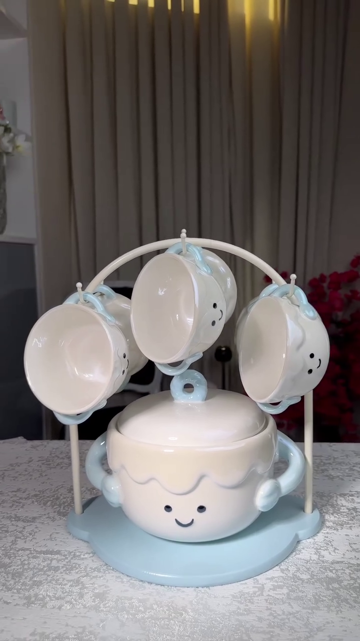 ☁️ Premium Cute Ceramic Soup Bowl & Hanging Mug Set with Stand | Decorative Kitchen Serving Set | Elegant Home & Dining Collection