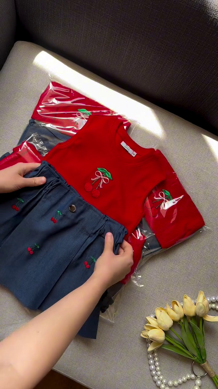 🍒 Premium Cherry Embroidered Girls Top & Bottom Clothing Set | Cute Casual Everyday Outfit for Kids