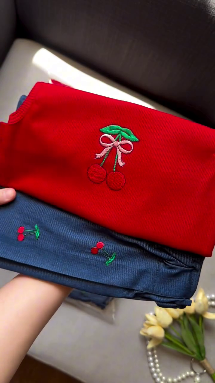 🍒 Premium Cherry Embroidered Girls Top & Bottom Clothing Set | Cute Casual Everyday Outfit for Kids
