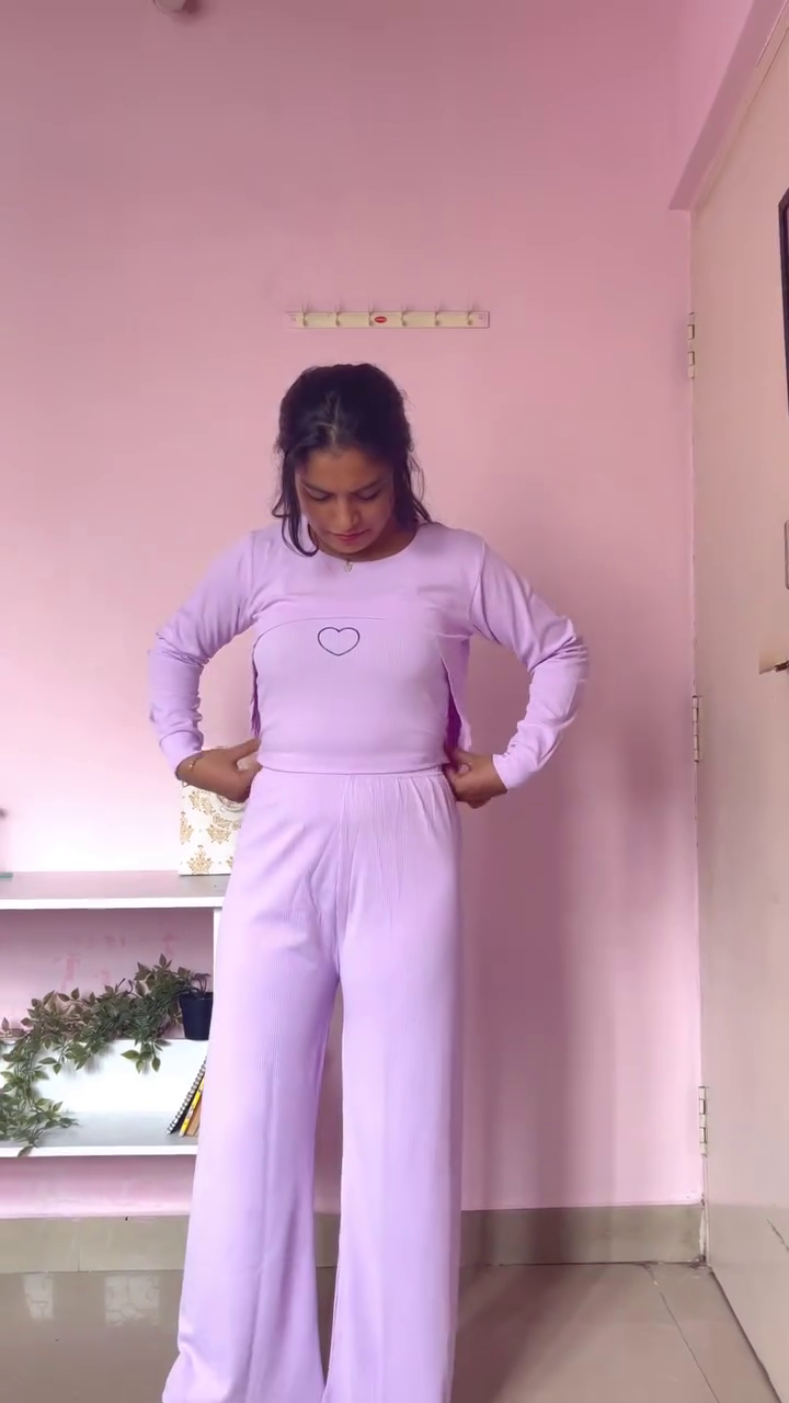 Soft Lavender Ribbed Lounge Co-Ord Set for Women | Full Sleeve Top & Wide Leg Bottom Nightwear Set