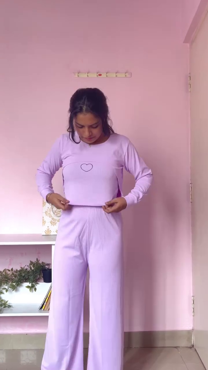 Soft Lavender Ribbed Lounge Co-Ord Set for Women | Full Sleeve Top & Wide Leg Bottom Nightwear Set