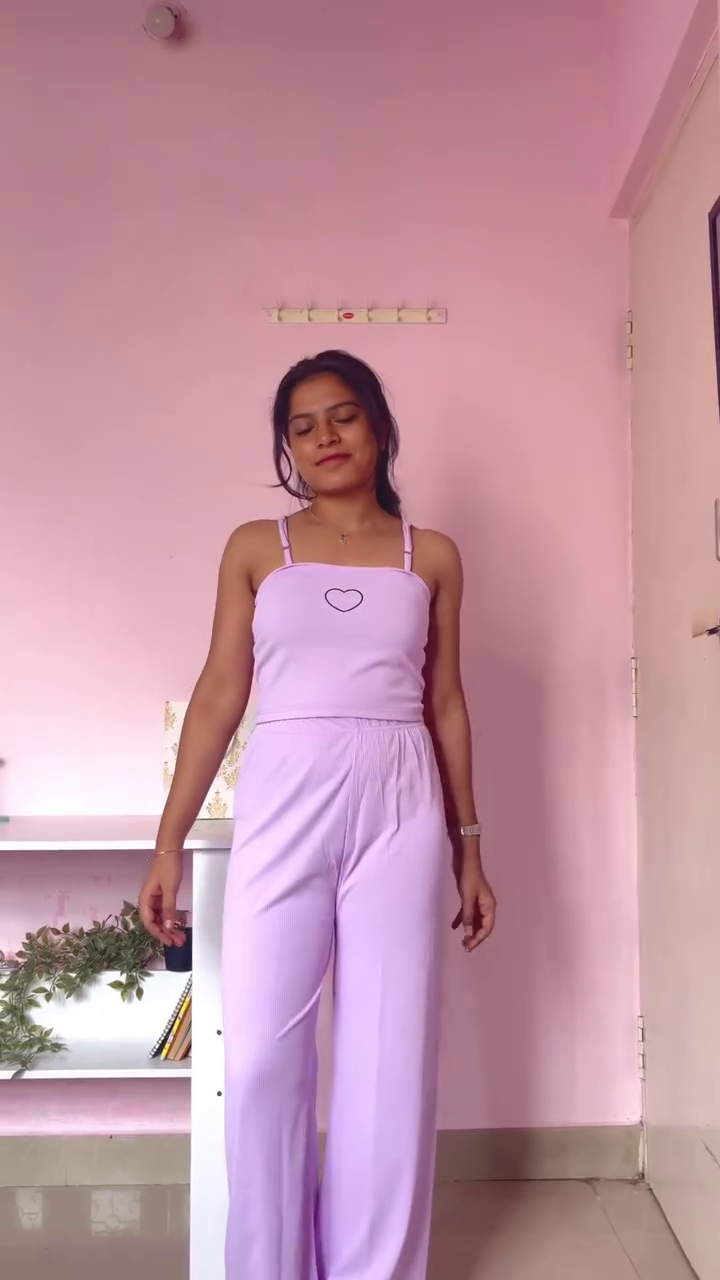 Soft Lavender Ribbed Lounge Co-Ord Set for Women | Full Sleeve Top & Wide Leg Bottom Nightwear Set