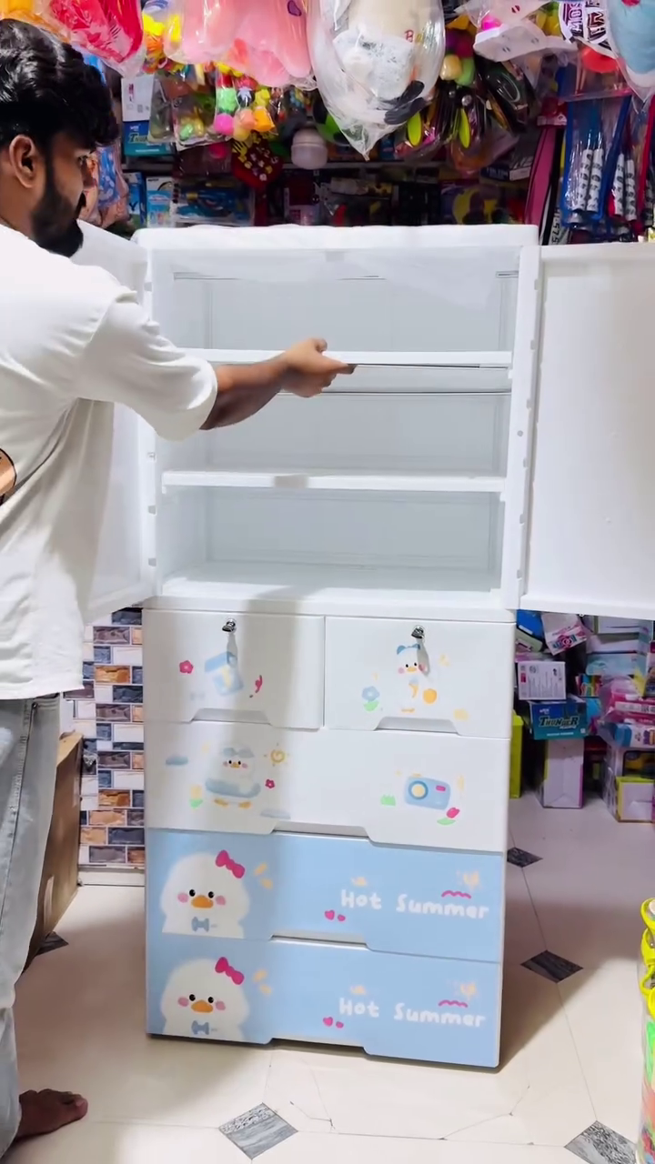 🦆 Premium Multi-Layer Cartoon Printed Storage Cabinet with Spacious Drawers – Kids Room Organizer & Home Storage Solution 🦆