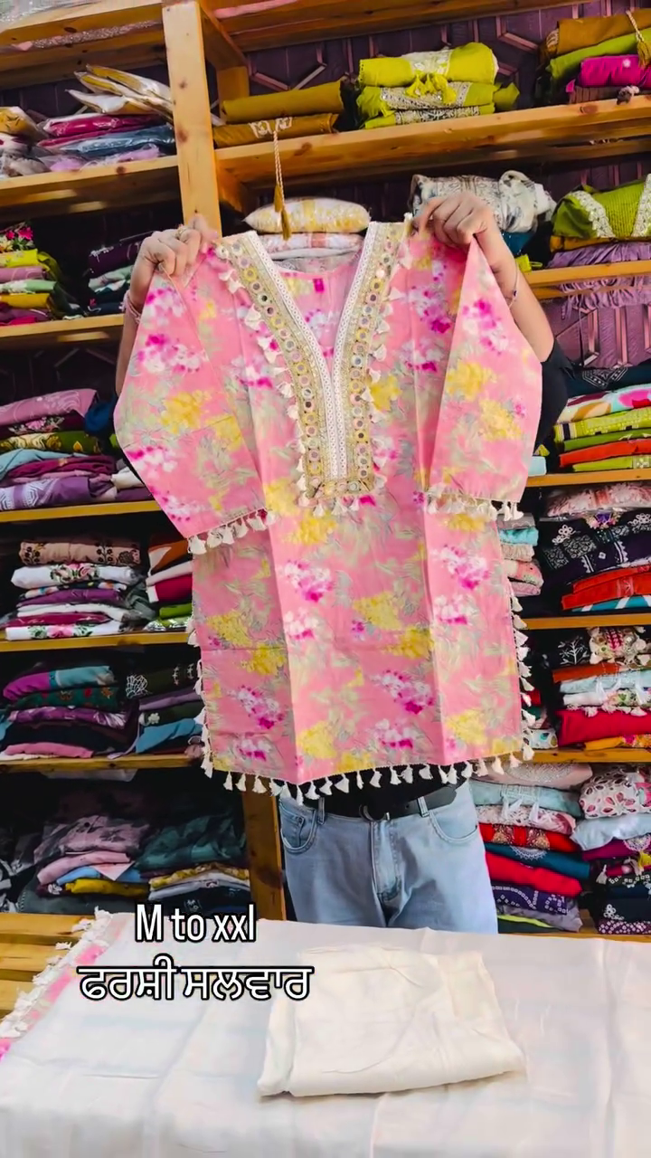 🌷💖 Premium Floral Printed Tassel Detail Tunic Kurti for Women | Elegant V-Neck Statement Top with Decorative Lace Accents & Relaxed Contemporary Fit 💖🌷