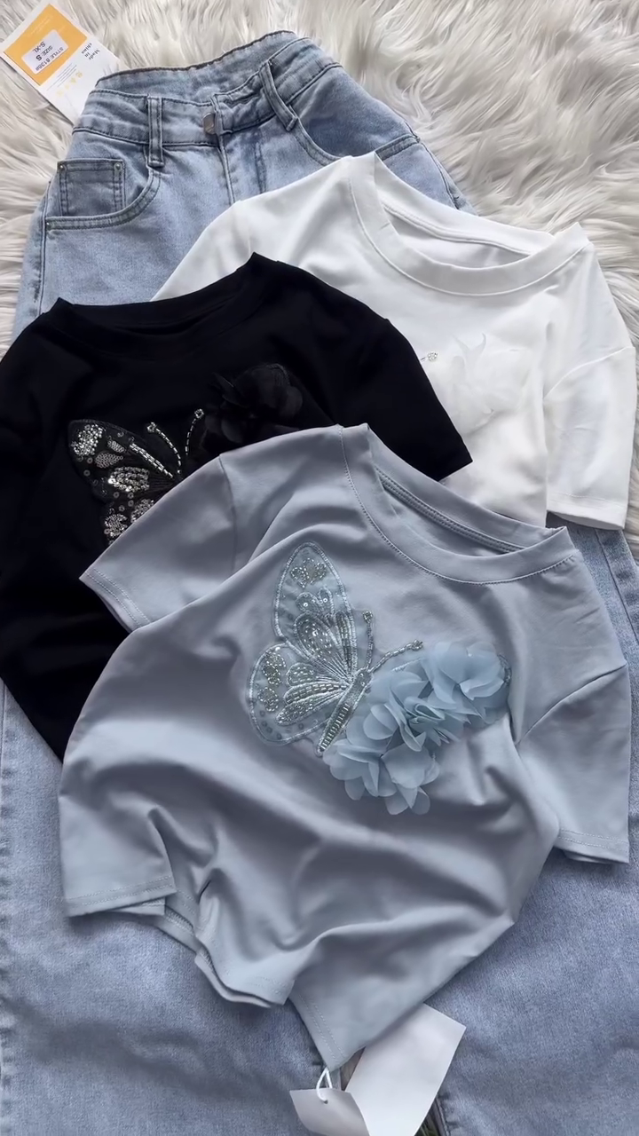 🦋✨ Premium Butterfly Embellished Soft-Touch Casual T-Shirt Collection for Women | Elegant Floral Appliqué Comfort Tee with Sparkling Embroidery Details ✨🦋