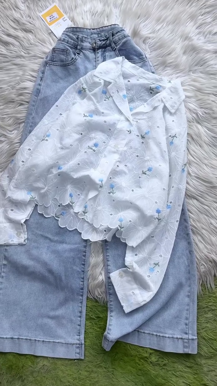 🤍🌹 Premium Floral Embroidered Sheer Lace Button-Down Blouse with Relaxed Wide-Leg Denim Pants Co-Ord Inspired Outfit for Women | Elegant Casual Chic Everyday Fashion Collection 🌹🤍