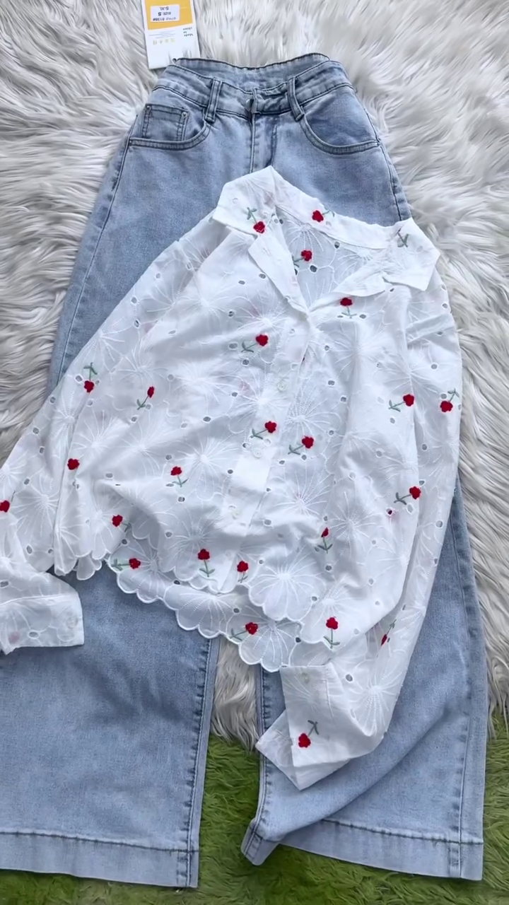 🤍🌹 Premium Floral Embroidered Sheer Lace Button-Down Blouse with Relaxed Wide-Leg Denim Pants Co-Ord Inspired Outfit for Women | Elegant Casual Chic Everyday Fashion Collection 🌹🤍