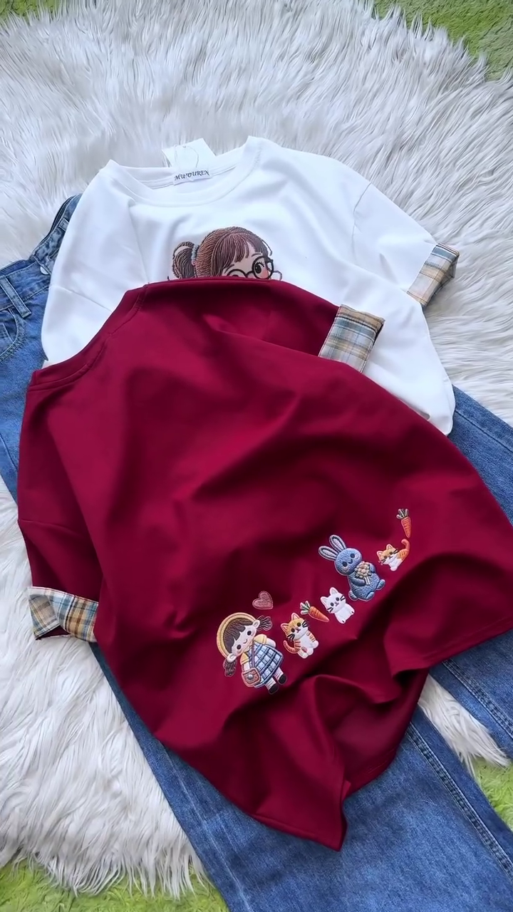 ❤️🐰 Adorable Storybook Character Embroidered Sweatshirt with Plaid Cuff Detail & Relaxed Denim Styling for Women | Cozy Casual Everyday Comfort Wear Collection 🐰❤️