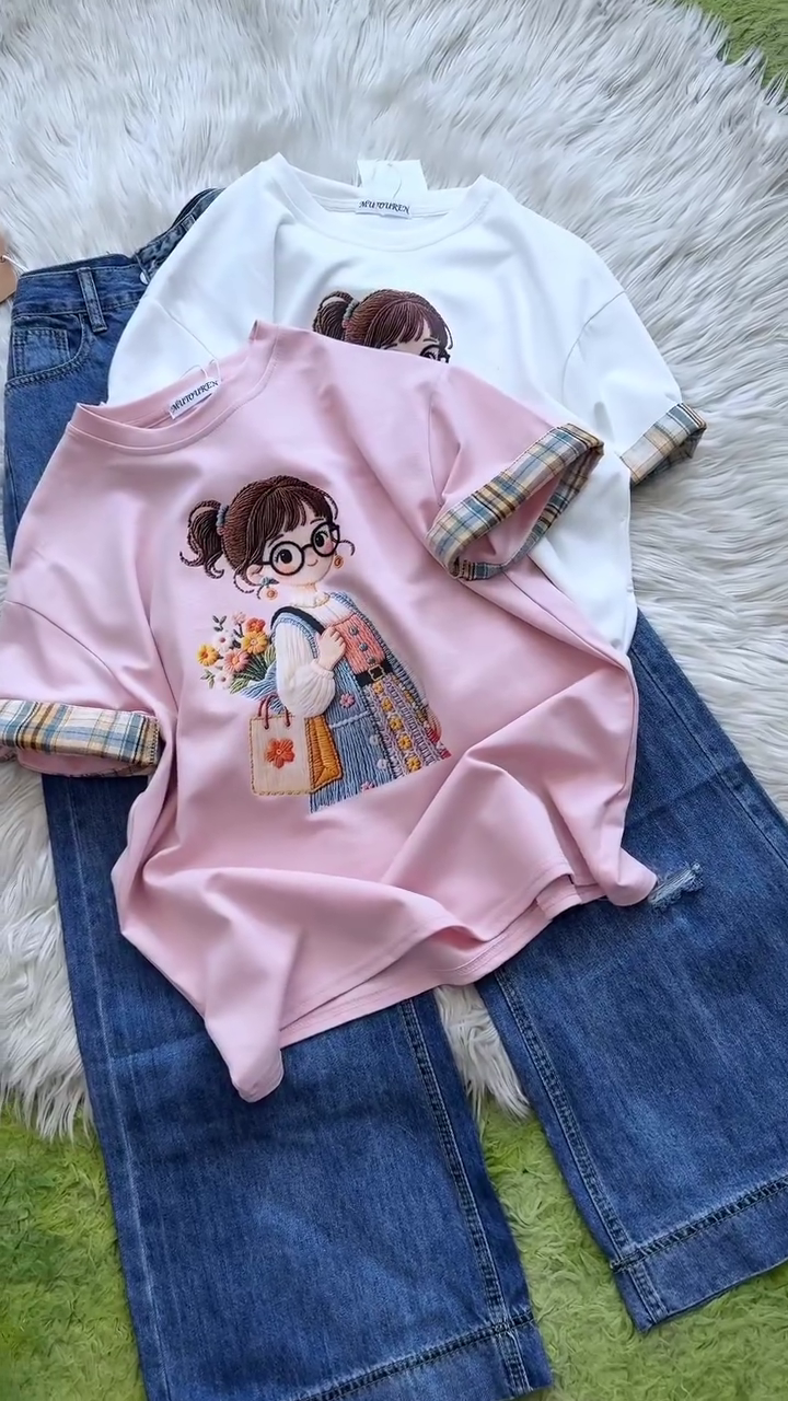 ❤️🐰 Adorable Storybook Character Embroidered Sweatshirt with Plaid Cuff Detail & Relaxed Denim Styling for Women | Cozy Casual Everyday Comfort Wear Collection 🐰❤️