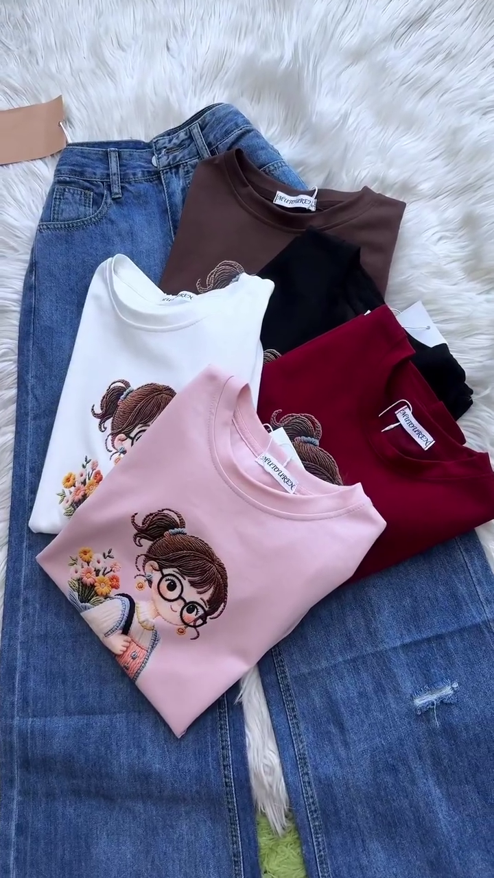 ❤️🐰 Adorable Storybook Character Embroidered Sweatshirt with Plaid Cuff Detail & Relaxed Denim Styling for Women | Cozy Casual Everyday Comfort Wear Collection 🐰❤️