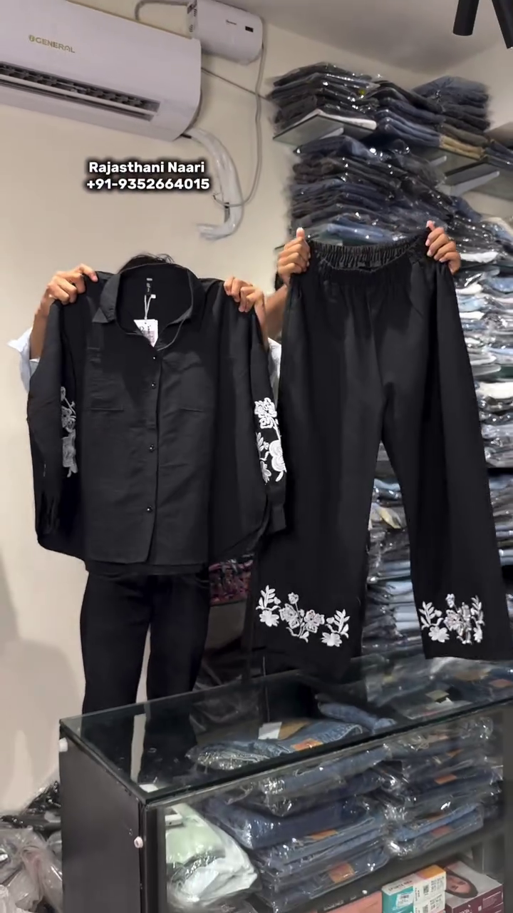 🤎🌿 Premium Floral Embroidered Relaxed-Fit Shirt & Wide-Leg Trouser Co-Ord Set for Women | Elegant Botanical Comfort Wear Collection with Artistic Floral Detailing 🌿🤎
