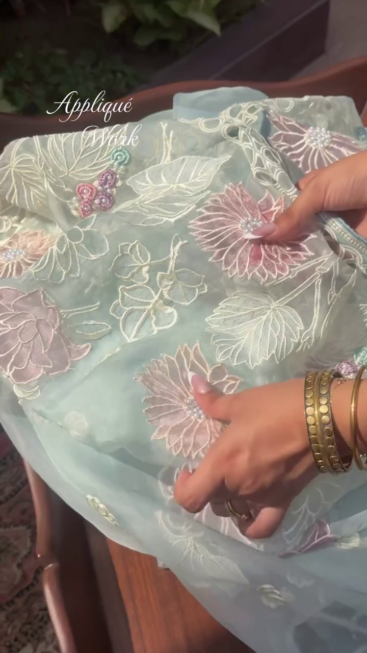 🌸 Premium Pastel Floral Appliqué Embroidered Organza Designer Saree with Elegant Handwork & Matching Blouse Piece