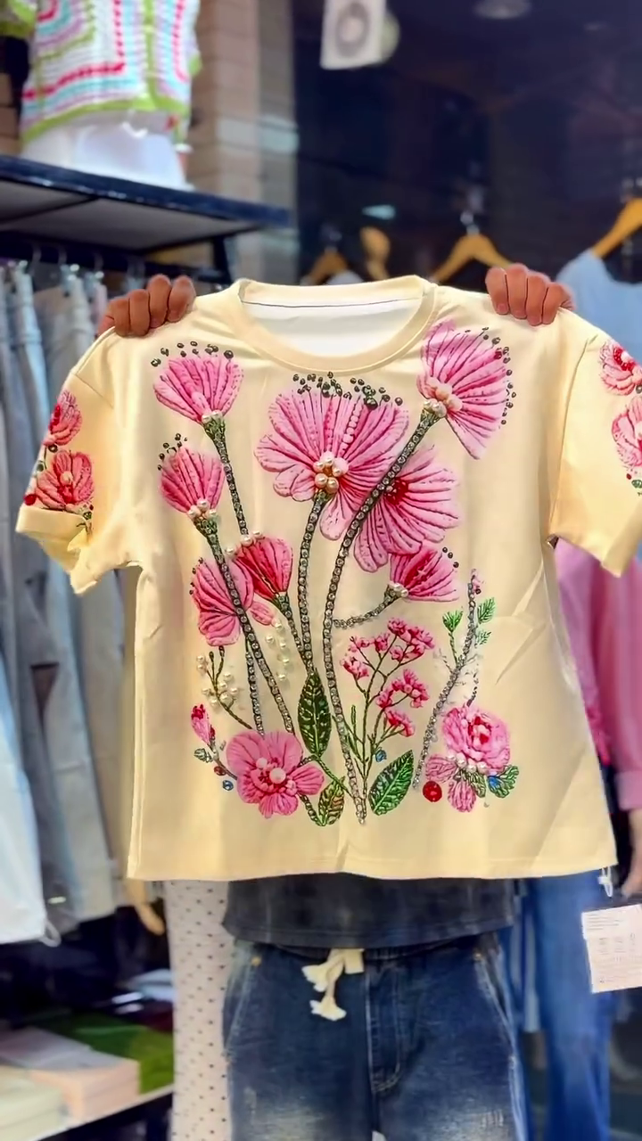 🌸 Premium Women's Floral Embroidered Pearl Embellished Cotton T-Shirt | Elegant Casual Summer Top