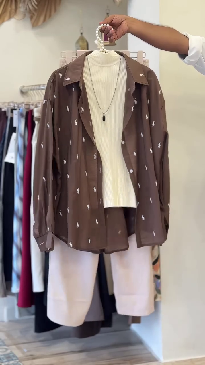 🤎 Premium Women's Layered Casual Three-Piece Outfit Set | Printed Shirt, Ribbed High-Neck Top & Wide-Leg Pants