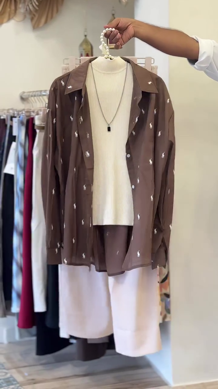 🤎 Premium Women's Layered Casual Three-Piece Outfit Set | Printed Shirt, Ribbed High-Neck Top & Wide-Leg Pants