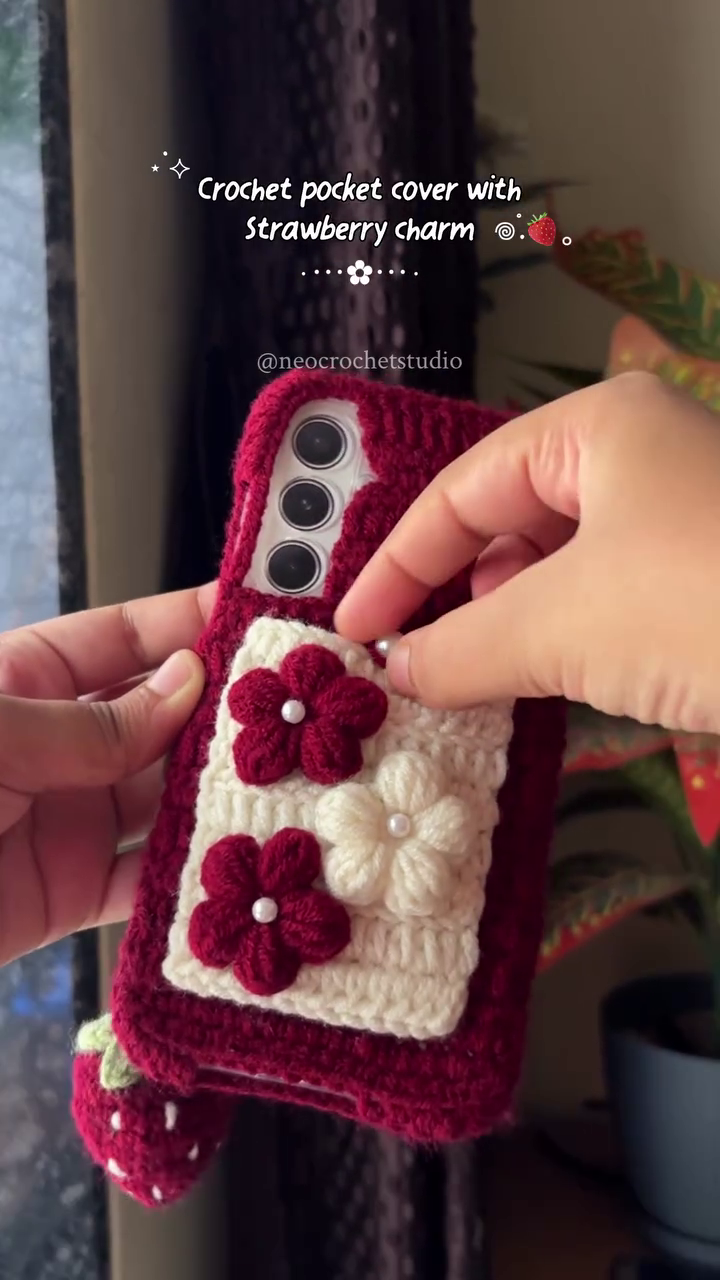 📱🌸 Premium Handmade Crochet Floral Phone Case Cover with Strawberry Charm | Soft Knitted Protective Mobile Cover