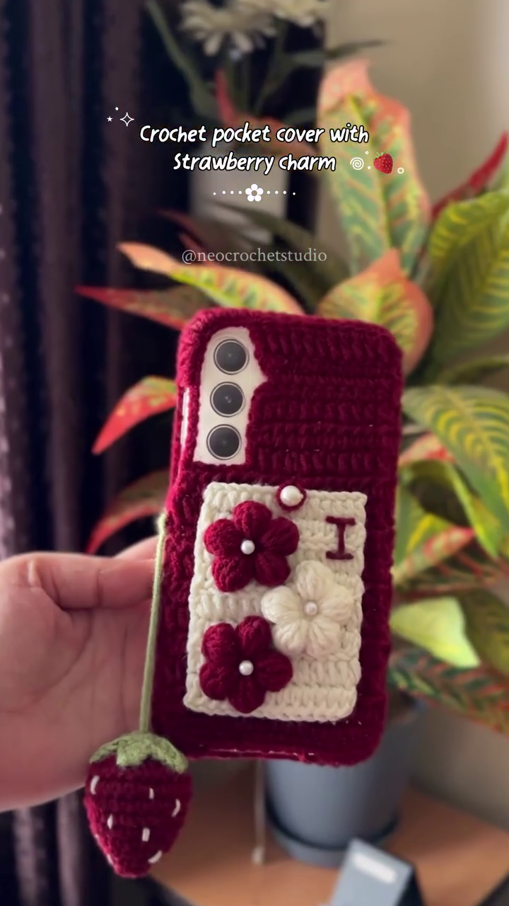 📱🌸 Premium Handmade Crochet Floral Phone Case Cover with Strawberry Charm | Soft Knitted Protective Mobile Cover
