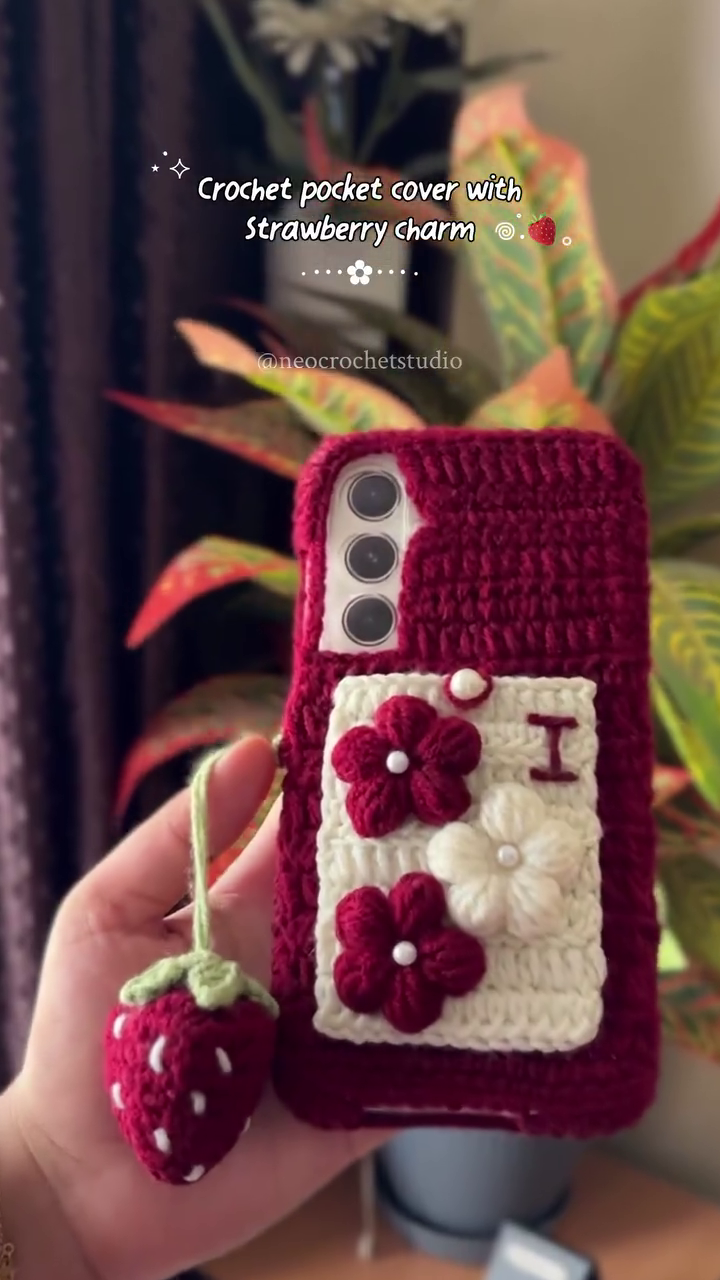 📱🌸 Premium Handmade Crochet Floral Phone Case Cover with Strawberry Charm | Soft Knitted Protective Mobile Cover