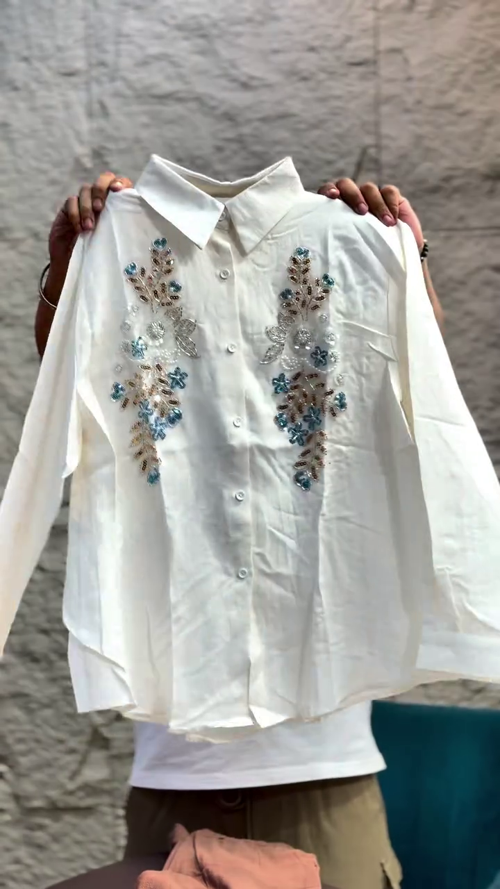 🤍 Luxury Hand Embellished Floral Pearl & Crystal Designer White Shirt for Women | Premium Full Sleeve Button-Down Casual, Office & Party Wear Elegant Top ✨🌸