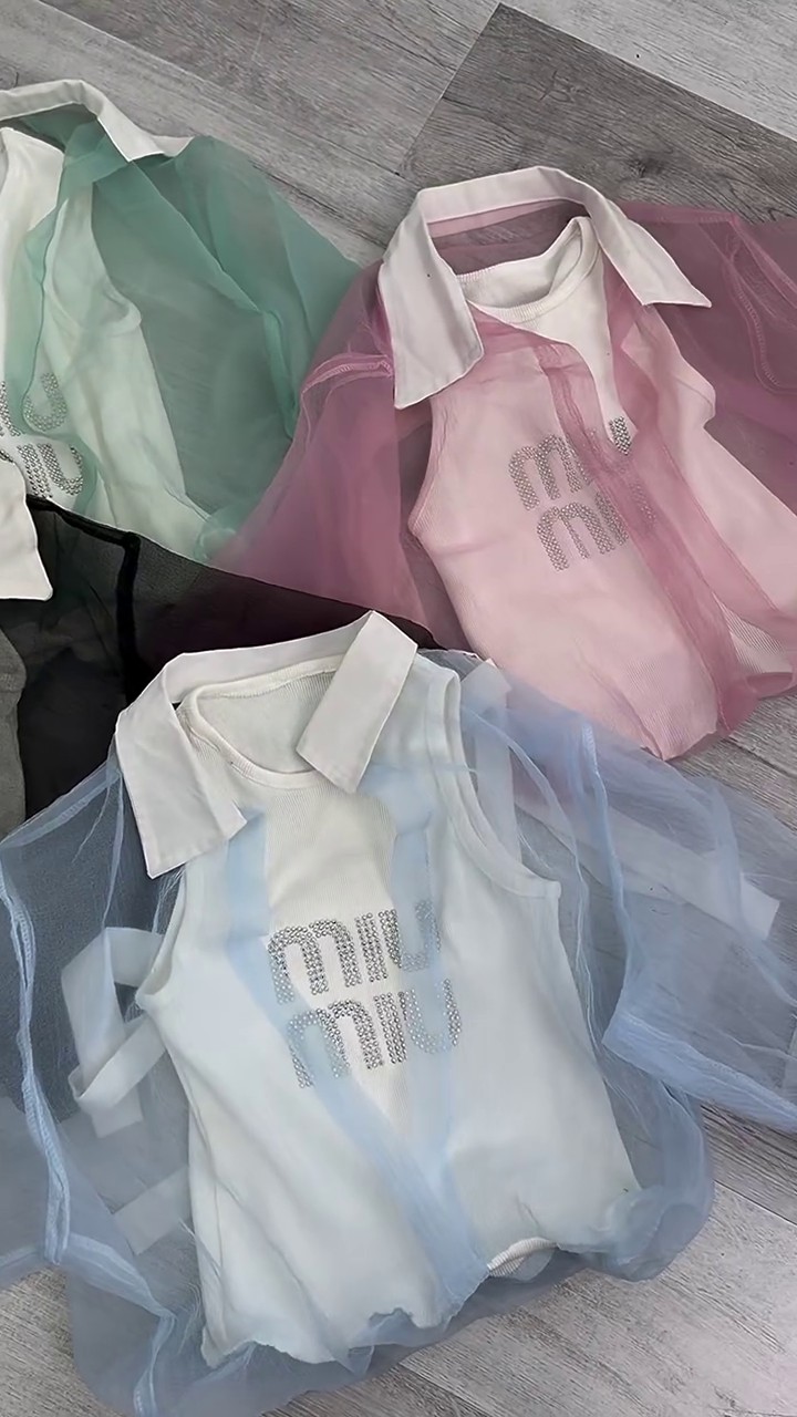 🌸 Premium Sheer Mesh Layered Sleeveless Top with Detachable Collar | Elegant Korean Style Fashion Top